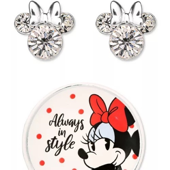 Disney Jewelry - Minnie Mouse Clear Crystal Stud Earrings in Sterling Silver with Trinket Dish